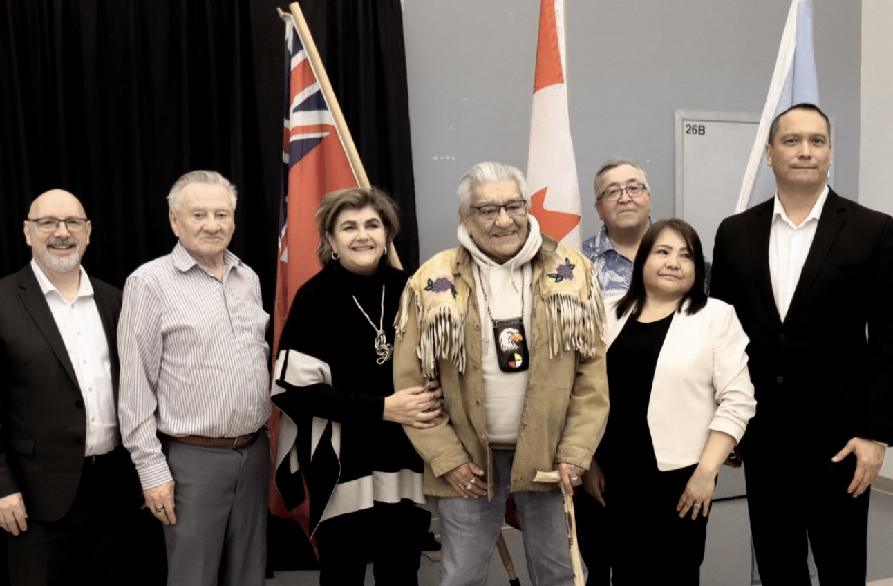 From left: Joe Hickey, President of PomeGran, Founder and President of ROCK Networks; Reg Meade, BCN Board Member; Honourable Gudie Hutchings, Minister of Rural Economic Development and Minister responsible for the Atlantic Canada Opportunities Agency; Elder Jack Robinson; Kelvin Lynxleg, Executive Director for MKO; George Neepin, Executive Director for KTC and BCN Board Member; and Jason Neepin, Executive Director BCN in Thompson, Mb. Photo supplied by PomeGran Inc.